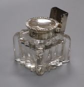 A George V silver-mounted glass inkwell with holder, John Grinsell & Sons, Birmingham, 1911,