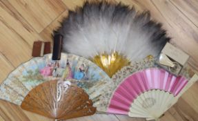 A feather fan, brise fan, hand painted french fan, 3 miniature bibles, psalms, bakelite fan