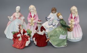 Six Royal Doulton porcelain figures and a Coalport figure