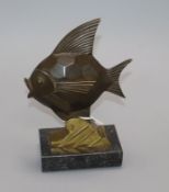 A German Art Deco bronze 'fish' paperweight, on marble base height 18cm