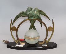 An Art Deco figural lamp, decorated with birds of paradise