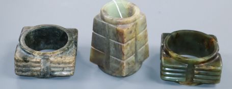 Three Chinese archaistic jade or hardstone cong H. 4.4cm - 9.5cm