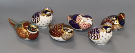 Six Royal Crown Derby partridge, pheasant and game bird paperweights