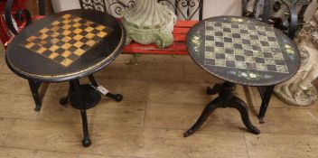 Two Victorian circular tripod games tables, one with a painted slate top Largest 54cm diameter