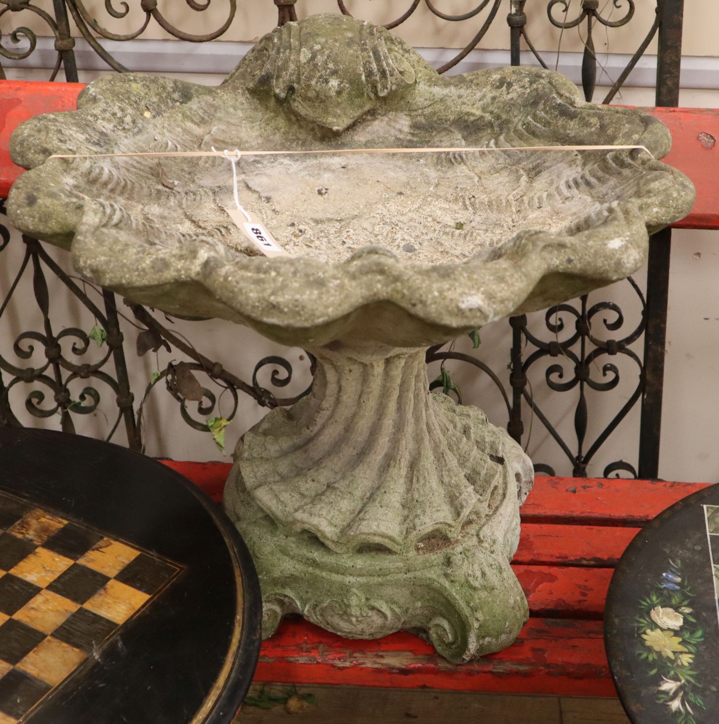 A reconstituted stone shell bird bath Height 46cm