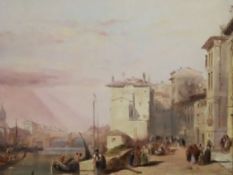 Early 19th century French Schooloil on millboardRiver town scene with boats and figures looking on19