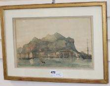 19th century English School, watercolour, View of Gibraltar, 23 x 37cm