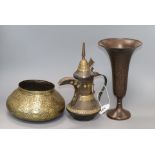 A Persian engraved brass vase, a coffee pot and a circular vessel