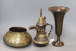 A Persian engraved brass vase, a coffee pot and a circular vessel