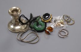 A Victorian yellow metal and banded agate brooch, mixed costume jewellery and a silver dwarf
