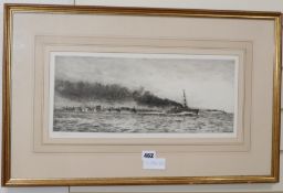 William Lionel Wyllie, etching, 'HMS Champion and the 13th Flotilla at Jutland', signed in pencil,