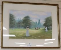 English School, pastel, Edwardian ladies playing tennis, monogrammed, 35 x 53cm