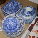 A collection of blue and white transfer-printed tableware, including Spode Italian, Wild Rose
