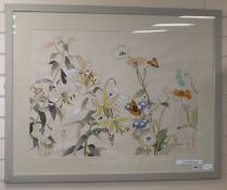 Haruyo Morita (b.1945), gouache, Butterflies amid lilies and poppies, signed, 60 x 83cm