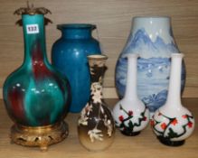 A Chinese blue and white vase, two polychrome vases, two glass vases etc.