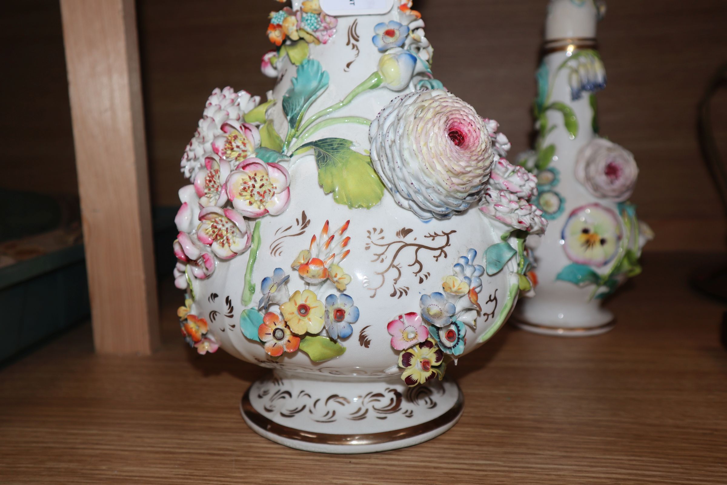 Three English porcelain flower encrusted scent bottles and covers, c. 1830-40, possibly - Image 3 of 11
