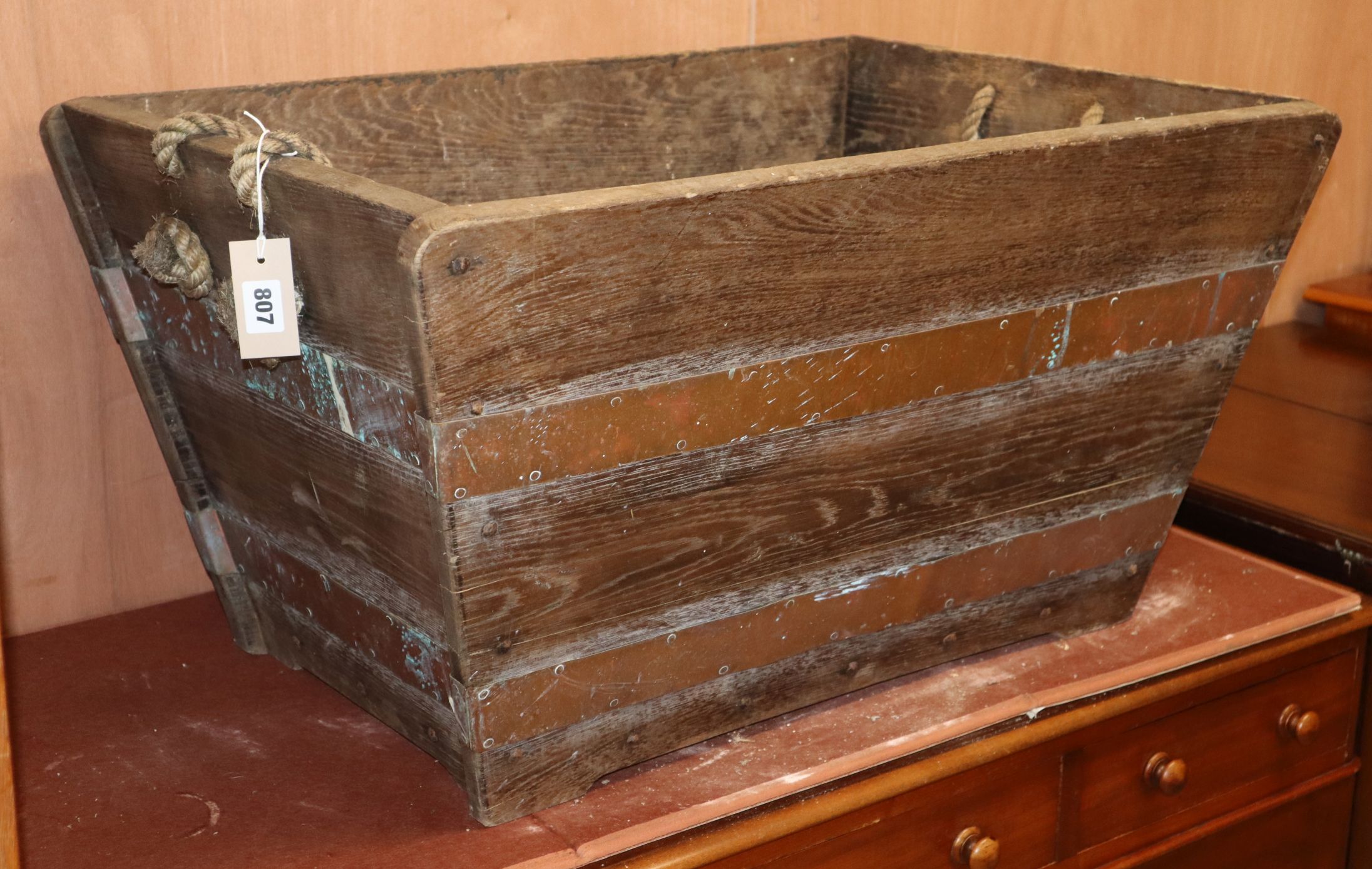 A copper bound oak log bin W.75cm