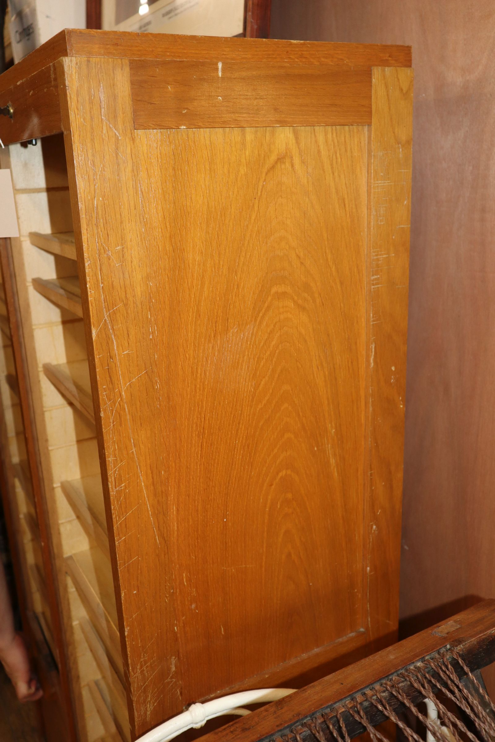 An oak double fronted tambour shutter filing cabinet W.83cm - Image 4 of 4