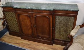 A Georgian style mahogany breakfront side cabinet with green marble top W.166cm