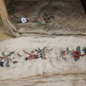 A crewel worked panel c.20th century with birds, animals and figures and a similar panel with a