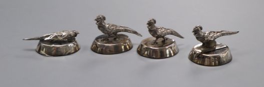 A set of four George V silver pheasant menu holders, Sampson Mordan & Co, Chester 1913 (one a.f.)