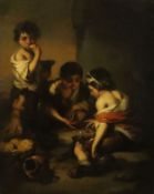After Murillo, oil on zinc, 'Children playing dice', 28 x 23cm