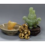 A Chinese hardstone censer, 'libation' cup, bowl and resin group of monkeys