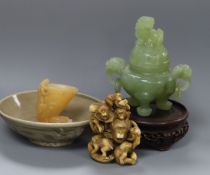 A Chinese hardstone censer, 'libation' cup, bowl and resin group of monkeys