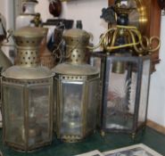 An engraved glass hexagonal hall lantern and two other lanterns