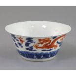 An Chinese iron red and underglaze blue 'dragon' bowl six character mark, D. 15.5cm