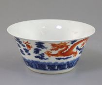 An Chinese iron red and underglaze blue 'dragon' bowl six character mark, D. 15.5cm