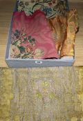 A quantity of silk brocade, an early French altar cloth Aubusson floral panel and other textiles