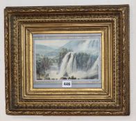 An 18th century English School, watercolour, Figures overlooking a waterfall 13 x 21cm