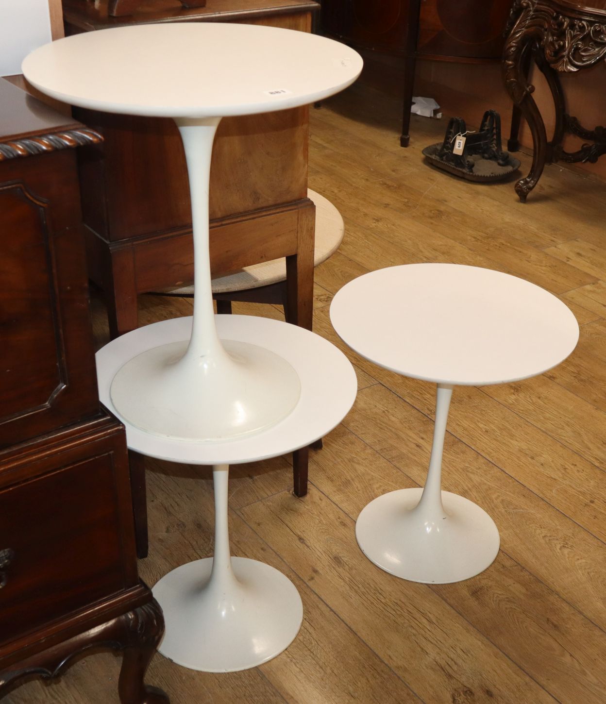 Three Arkana white tulip occasional tables Diameter 45cm