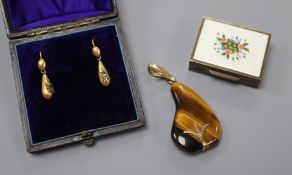 A pair of Victorian yellow metal and gem set drop earrings, an Italian 925 and enamel pill box and a