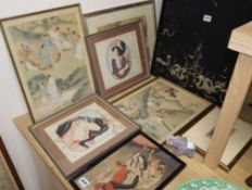 Six Japanese woodblock prints and and a Persian gouache painting, largest 36 x 26cm and a Chinese