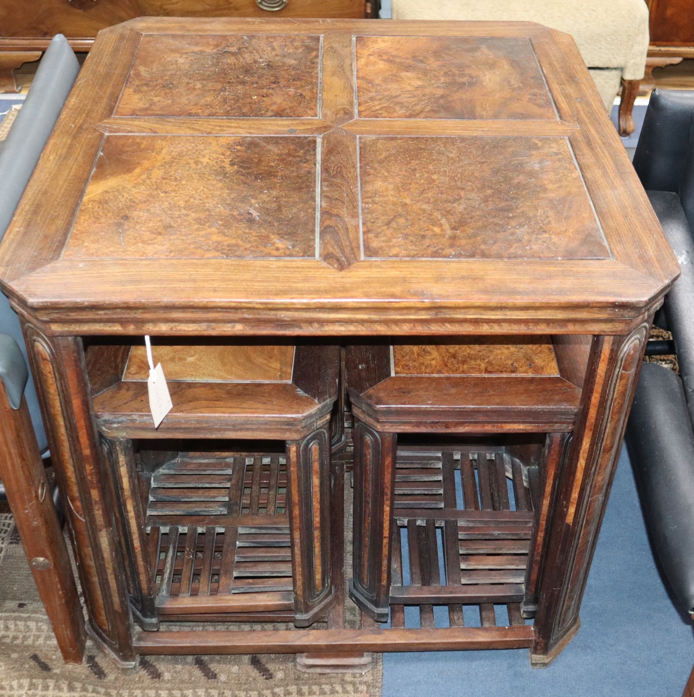 A Chinese jichimu and burr wood square table and four stools, 19th century W.73cm - Image 2 of 2