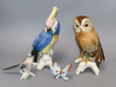 A Karl Ens cockatoo, two other model birds and a similar butterfly tallest 28cm