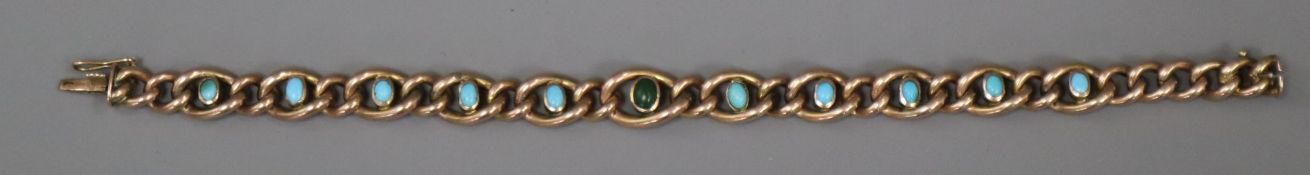 An Edwardian 9ct and turquoise set curb link bracelet, gross 11.3 grams.