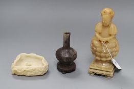 A Chinese soapstone figure of Guanyin, a brushwasher and a vase (3)