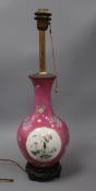 A Chinese ruby sgraffito ground vase, mounted as a lamp, Republic period, with famille rose