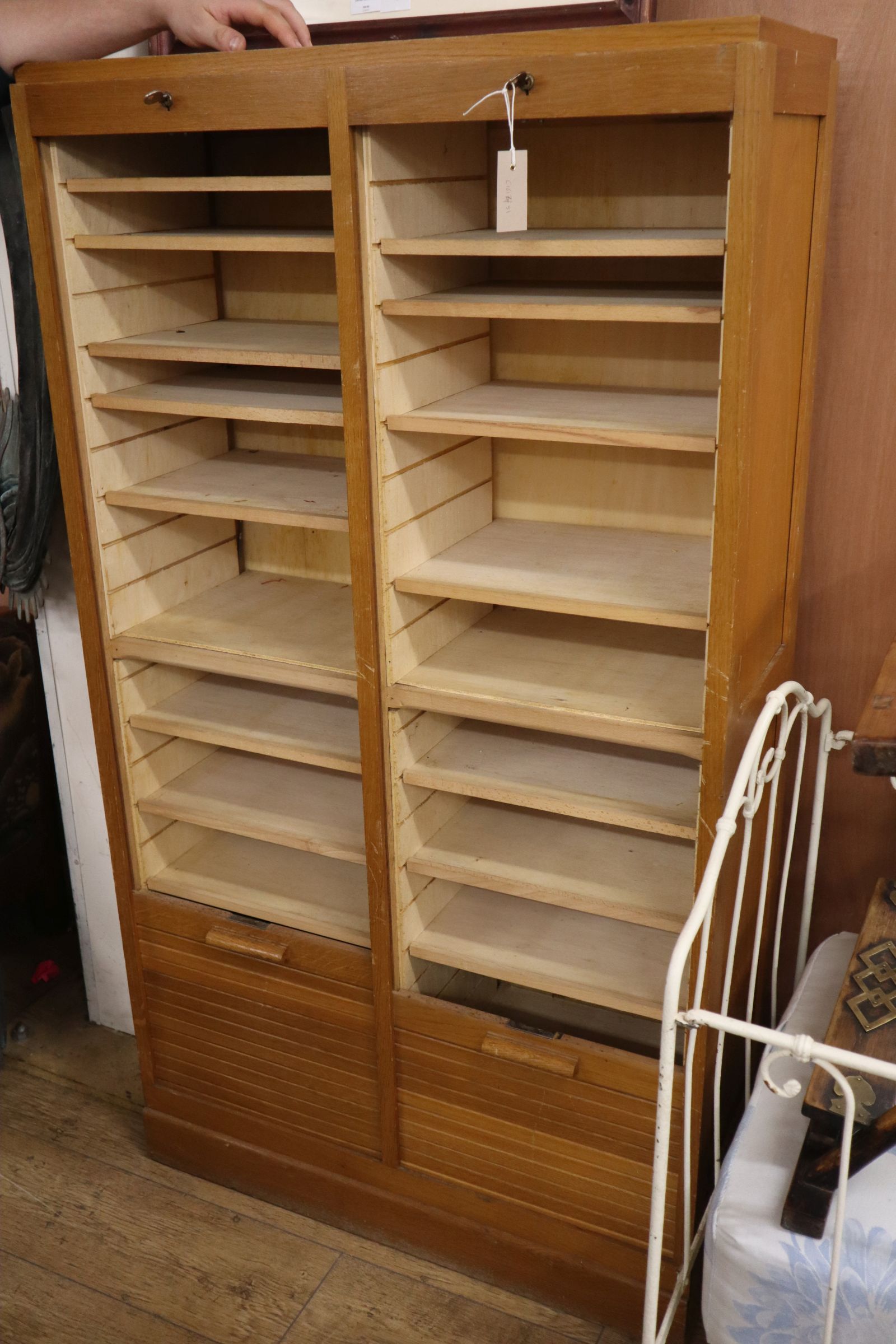 An oak double fronted tambour shutter filing cabinet W.83cm - Image 3 of 4