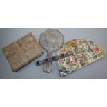 A Chinese embroidered silk purse, another purse, an gilt and enamel bracelet and a hand mirror (4)