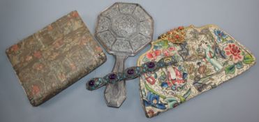 A Chinese embroidered silk purse, another purse, an gilt and enamel bracelet and a hand mirror (4)