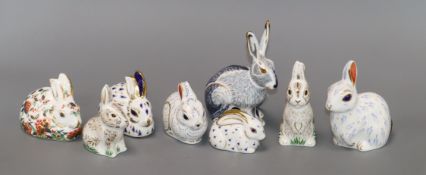 Eight Royal Crown Derby hare and rabbit paperweights