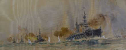 William Lionel Wyllie, watercolour on silk, Warships at sea, signed, 8 x 20cm