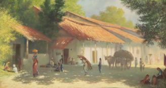 Indian School, oil on canvas, Indian Street scene, indistinctly signed, 66 x 122cm