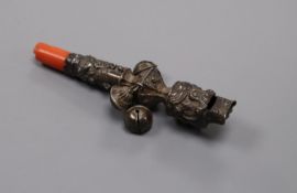 A Victorian silver child's rattle with whistle and coral teether(a.f.) maker possibly William