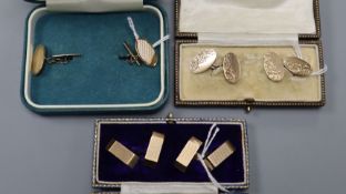 Three pairs of 9ct yellow gold cufflinks, approx 29g, boxed.