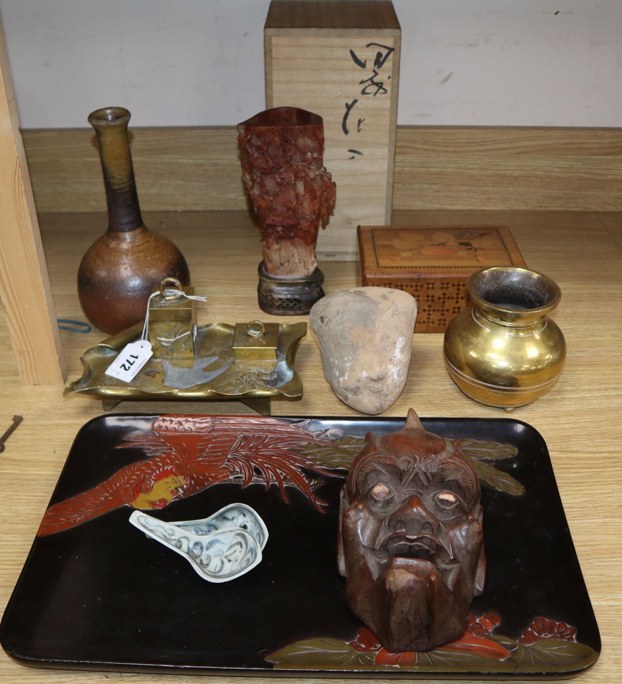 A quantity of Japanese and other collectables including lacquer tray, puzzle box and metalwares,